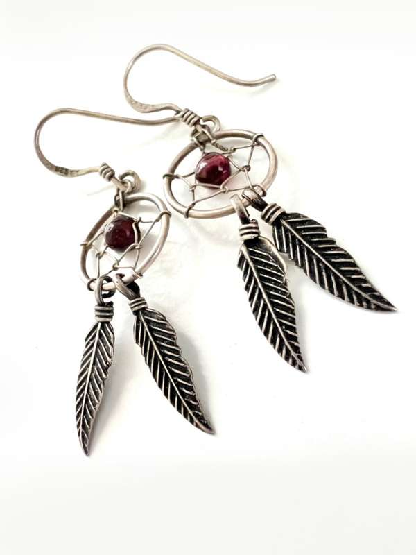 Earrings - 925 Silver Dream Catcher Earrings For Pierced Ears. Inidigo Bead in Centre ML2027
