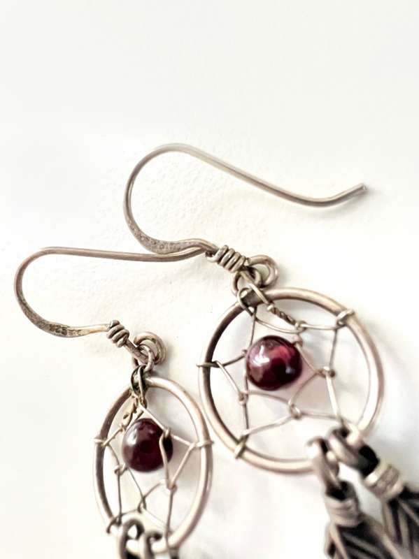 Earrings - 925 Silver Dream Catcher Earrings For Pierced Ears. Inidigo Bead in Centre ML2027