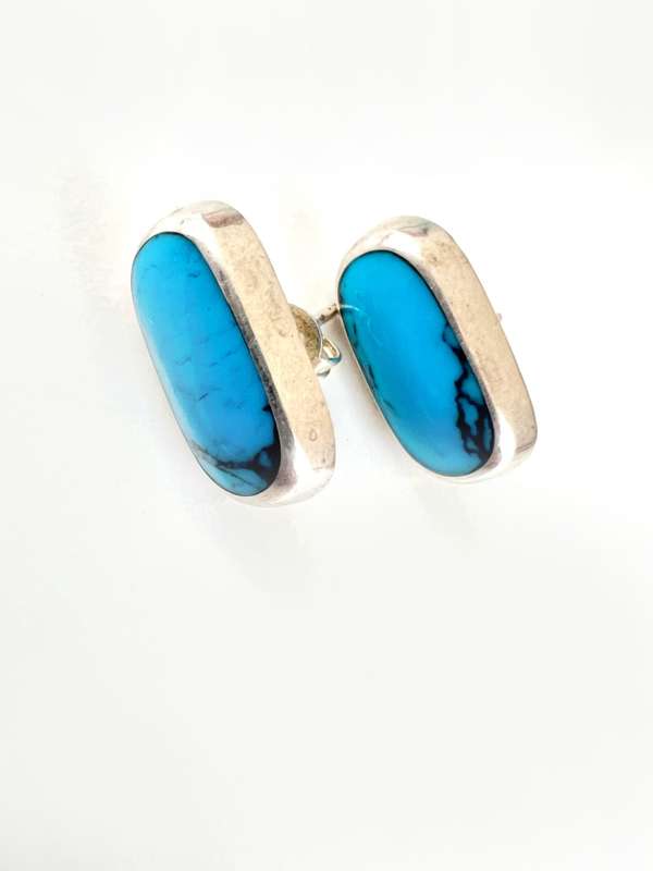 Earrings - Vintage Mexican Silver Earrings For Pierced Ears. Turquoise Stone ML2030