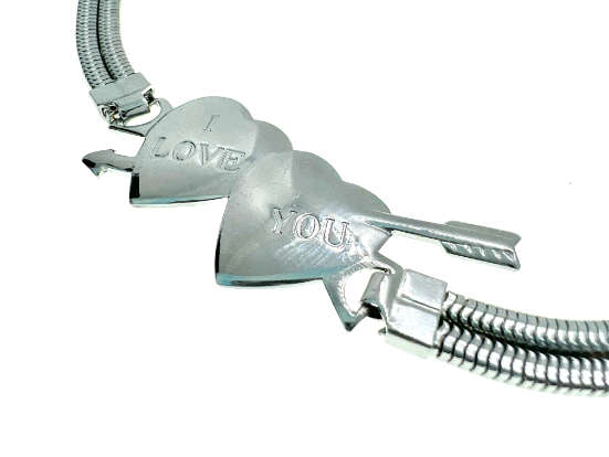 Bracelet - Silver Tone Bracelet Double Chain with 2 Hearts in Middle saying "I Love You" - ML2046