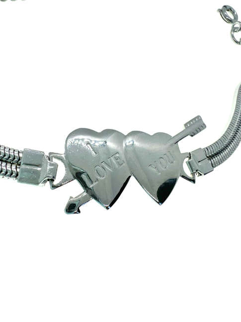 Bracelet - Silver Tone Bracelet Double Chain with 2 Hearts in Middle saying "I Love You" - ML2046