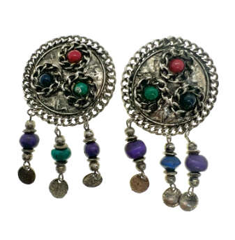 Earrings - Vintage Silver Tone Clip Ons with Coloured Stones - ML2047