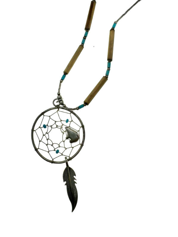 Necklace - 925 Silver Dream Catcher and Chain. Silver Bear Charm. Three Turquoise Beads - ML2048