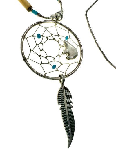 Necklace - 925 Silver Dream Catcher and Chain. Silver Bear Charm. Three Turquoise Beads - ML2048