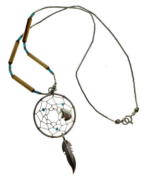 Necklace - 925 Silver Dream Catcher and Chain. Silver Bear Charm. Three Turquoise Beads - ML2048