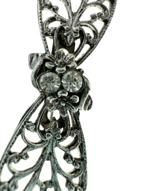 Brooch - Vintage Silver Tone Bow Brooch with 2 Diamantes in Centre - ML2049