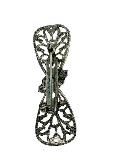 Brooch - Vintage Silver Tone Bow Brooch with 2 Diamantes in Centre - ML2049