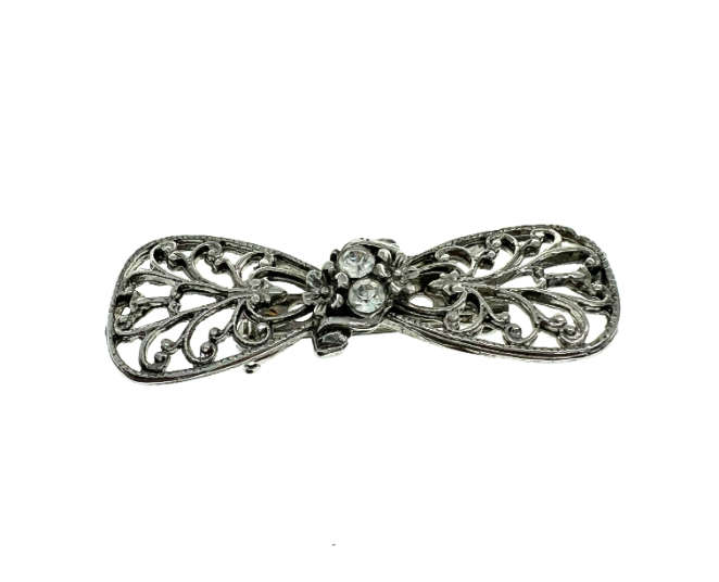 Brooch - Vintage Silver Tone Bow Brooch with 2 Diamantes in Centre - ML2049
