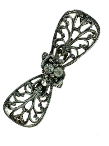 Brooch - Vintage Silver Tone Bow Brooch with 2 Diamantes in Centre - ML2049