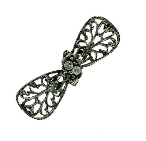 Brooch - Vintage Silver Tone Bow Brooch with 2 Diamantes in Centre - ML2049