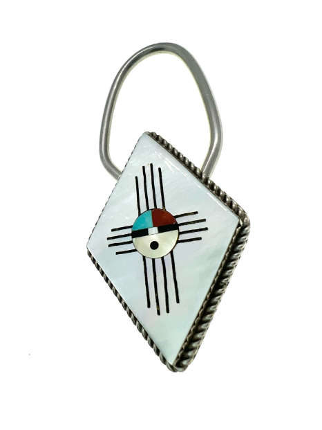 Keyring - Sterling Navajo Zuni Sunfaced Keyring Inlaid with White Shell - ML2057