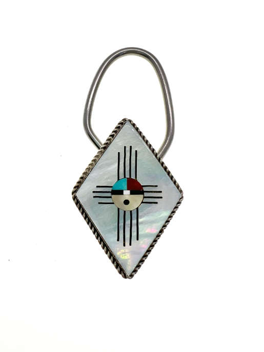 Keyring - Sterling Navajo Zuni Sunfaced Keyring Inlaid with White Shell - ML2057