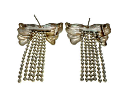 Earrings - Vintage Silver Glittery Bows for Pierced Ears with Strands of Silver Beads - ML2059