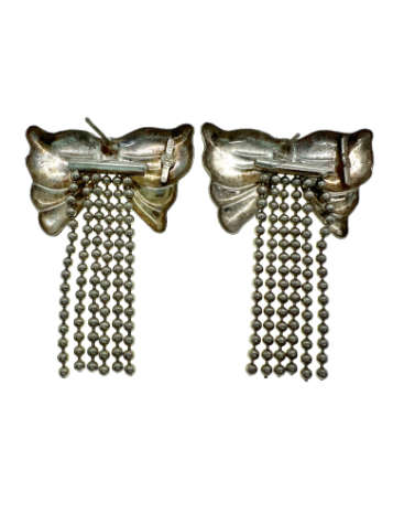 Earrings - Vintage Silver Glittery Bows for Pierced Ears with Strands of Silver Beads - ML2059