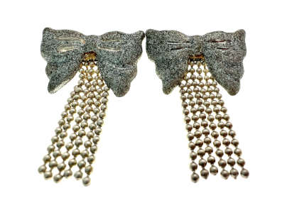 Earrings - Vintage Silver Glittery Bows for Pierced Ears with Strands of Silver Beads - ML2059