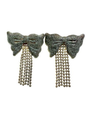 Earrings - Vintage Silver Glittery Bows for Pierced Ears with Strands of Silver Beads - ML2059