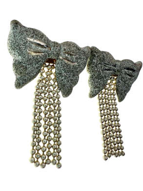 Earrings - Vintage Silver Glittery Bows for Pierced Ears with Strands of Silver Beads - ML2059