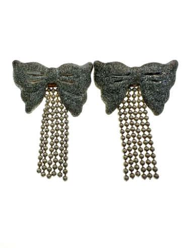 Earrings - Vintage Silver Glittery Bows for Pierced Ears with Strands of Silver Beads - ML2059