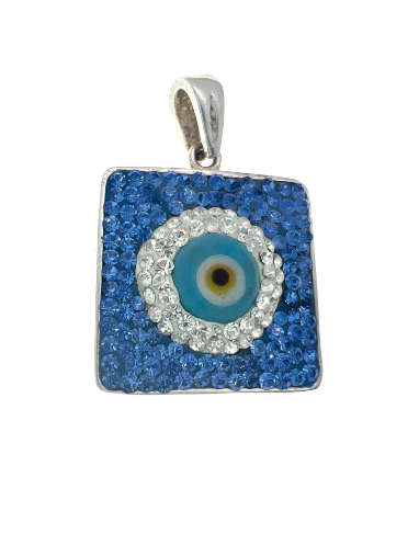 Pendant - 925 Silver Square Pendant with Clear and Blue Stones Surrounding the Evil Eye - ML2065