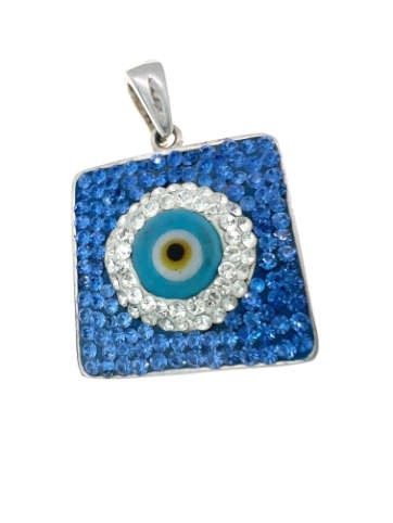 Pendant - 925 Silver Square Pendant with Clear and Blue Stones Surrounding the Evil Eye - ML2065