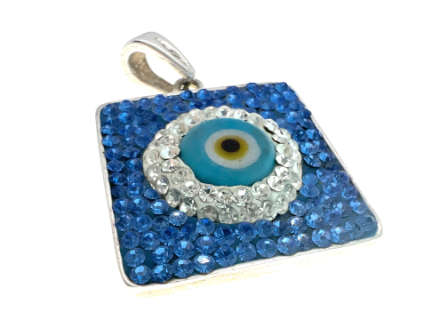 Pendant - 925 Silver Square Pendant with Clear and Blue Stones Surrounding the Evil Eye - ML2065