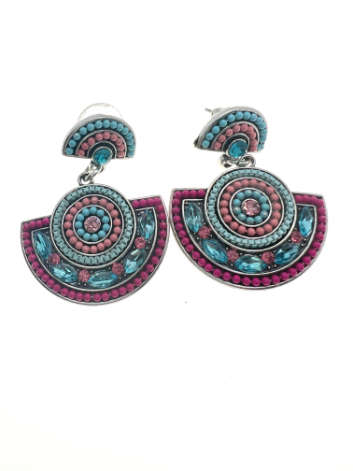 Earrings - Vintage Silver Plated Half Moons with Coloured Stones and Glass - ML2066