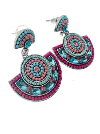 Earrings - Vintage Silver Plated Half Moons with Coloured Stones and Glass - ML2066