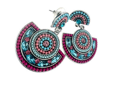 Earrings - Vintage Silver Plated Half Moons with Coloured Stones and Glass - ML2066