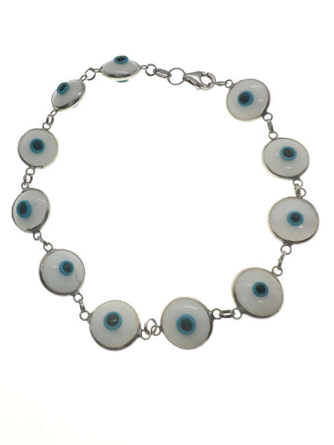 Bracelet - 925 Silver Evil Eye Bracelet, White, Light Blue and Dark Blue Turkey Stamp - ML2071