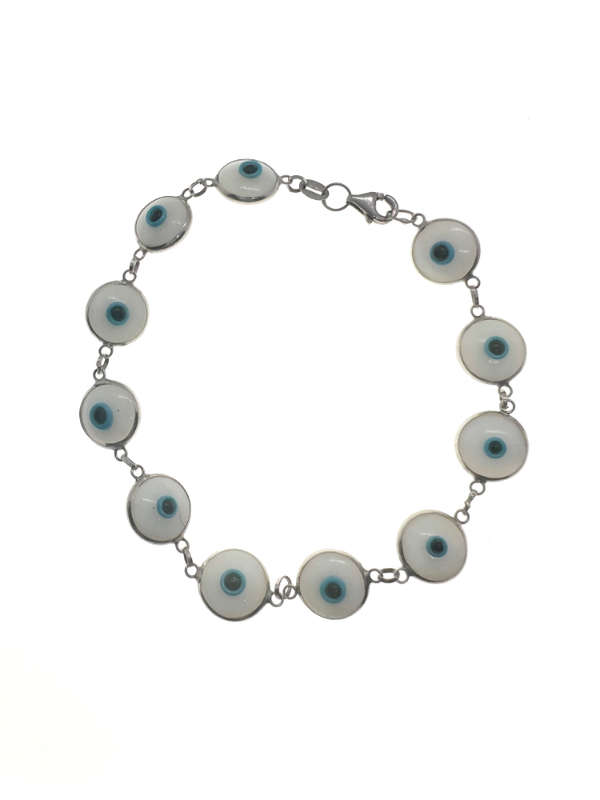 Bracelet - 925 Silver Evil Eye Bracelet, White, Light Blue and Dark Blue Turkey Stamp - ML2071