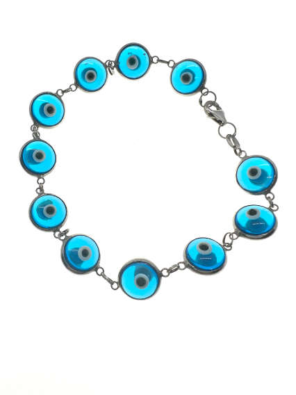 Bracelet - 925 Silver Evil Eye Design, Ocean Blue and White Colour Turkey Stamp - ML2072