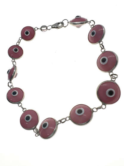 Bracelet - 925 Silver Evil Eye Bracelet, Pink, White and Black Turkey Stamp - ML2073