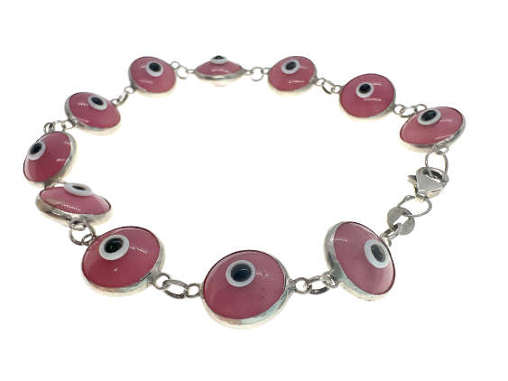 Bracelet - 925 Silver Evil Eye Bracelet, Pink, White and Black Turkey Stamp - ML2073