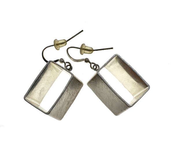 Earrings - Silver Tone Angled Box Earrings For Pierced Ears - ML2088