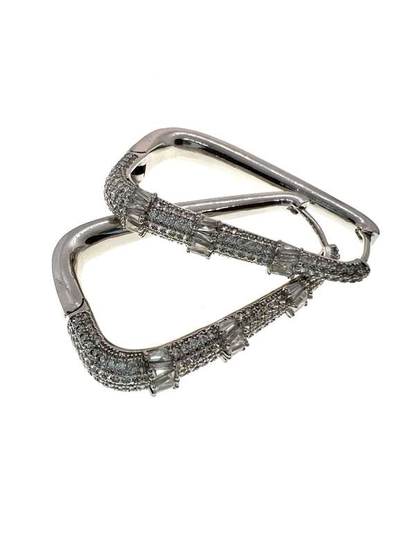 Earrings -  Silver Tone Triangular Hoop Earrings. Cubic Zirconia Stones - ML2093