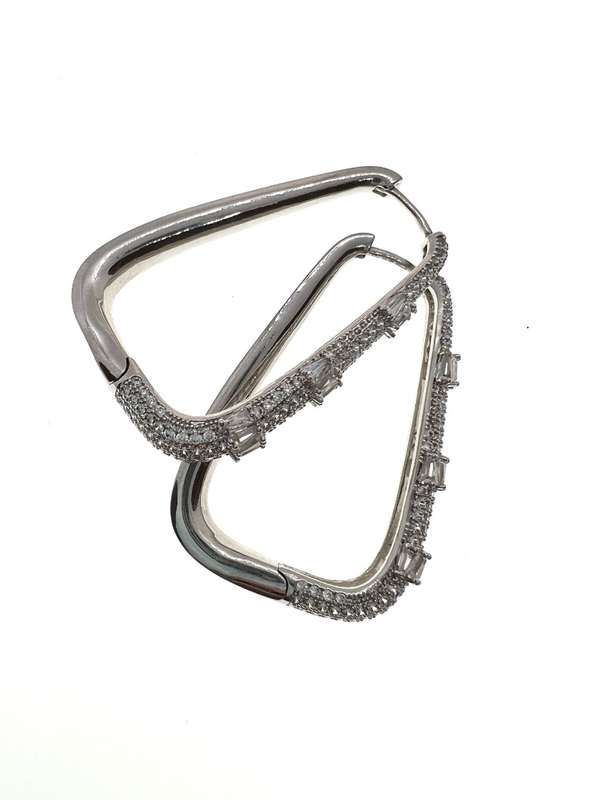 Earrings -  Silver Tone Triangular Hoop Earrings. Cubic Zirconia Stones - ML2093