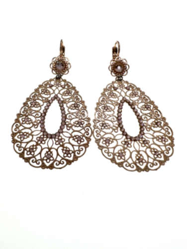 Earrings - Pear Shaped Lacy Design, Diamantes in Flowers - ML2103