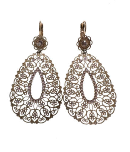 Earrings - Pear Shaped Lacy Design, Diamantes in Flowers - ML2103