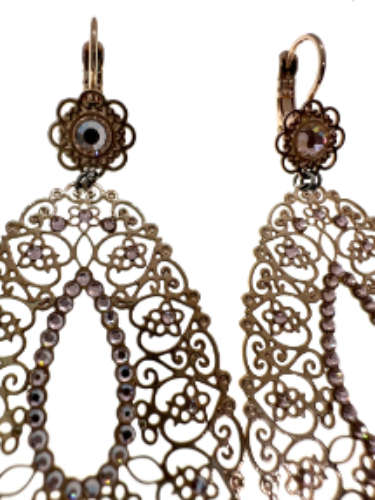 Earrings - Pear Shaped Lacy Design, Diamantes in Flowers - ML2103