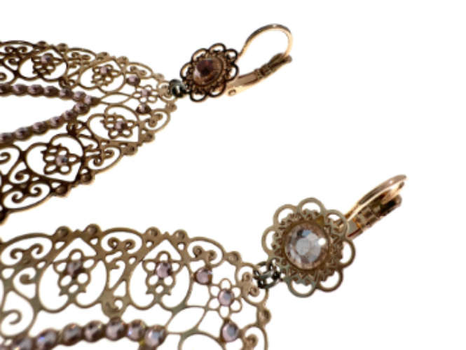 Earrings - Pear Shaped Lacy Design, Diamantes in Flowers - ML2103