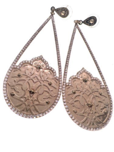 Earrings - Gold Tone Filigree Long Drop with Diamantes, Stamped LK(Leetal Kalmanson) - ML2105