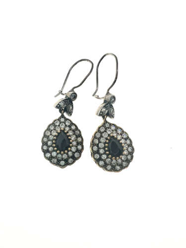 Earrings - Vintage 925 Silver Teardrop Marcasite Earrings, Black Zircon Stone with Crystals - ML2111