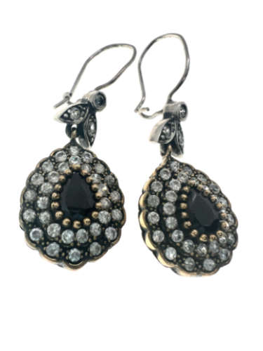 Earrings - Vintage 925 Silver Teardrop Marcasite Earrings, Black Zircon Stone with Crystals - ML2111