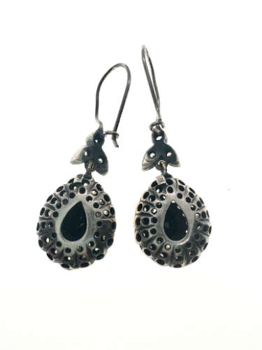 Earrings - Vintage 925 Silver Teardrop Marcasite Earrings, Black Zircon Stone with Crystals - ML2111