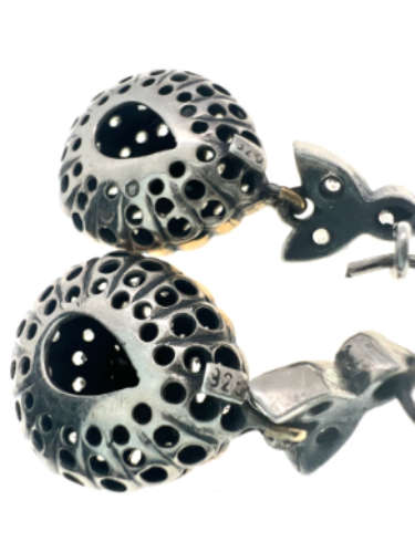 Earrings - Vintage 925 Silver Teardrop Marcasite Earrings, Black Zircon Stone with Crystals - ML2111