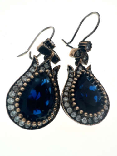 Earrings - Vintage 925 Silver Earrings with Crystal Stones. Lab Grown Blue Sapphire  - ML2112