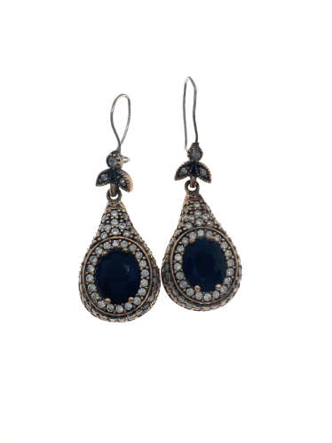 Earrings - 925 Silver Vintage Earrings, Large Sapphire Stones Surrounded by Diamantes - ML2118