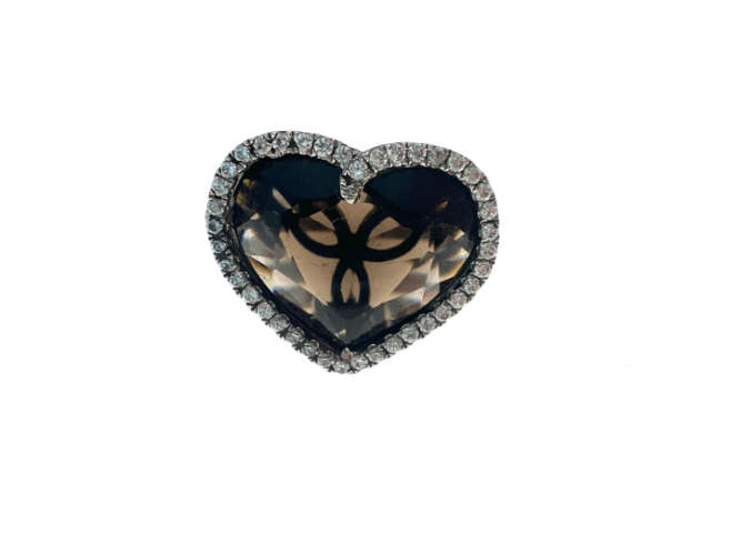 Ring - 925 Silver Heart Shaped Smokey Brown Quartz Ring Surrounded by Crystal Stones - ML2120