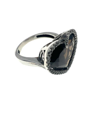 Ring - 925 Silver Heart Shaped Smokey Brown Quartz Ring Surrounded by Crystal Stones - ML2120