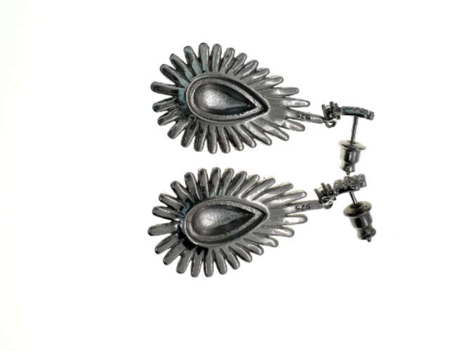 Earrings - Vintage 925 Silver Drop Earrings, Teardrop Design Filled with Crystal Stones - ML2122